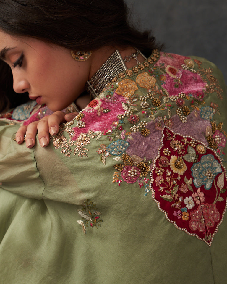 Velvet Patchwork Asymetrical Kurta With Dhoti Pants