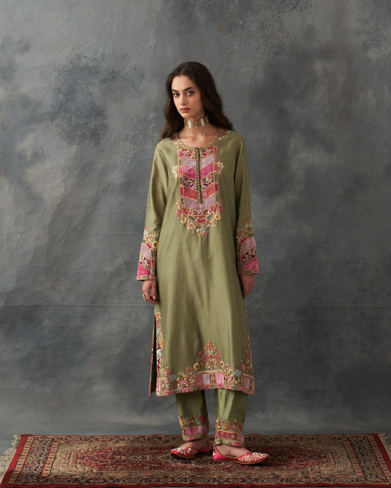 Velvet Patchwork Kurta With Pants & Dupatta