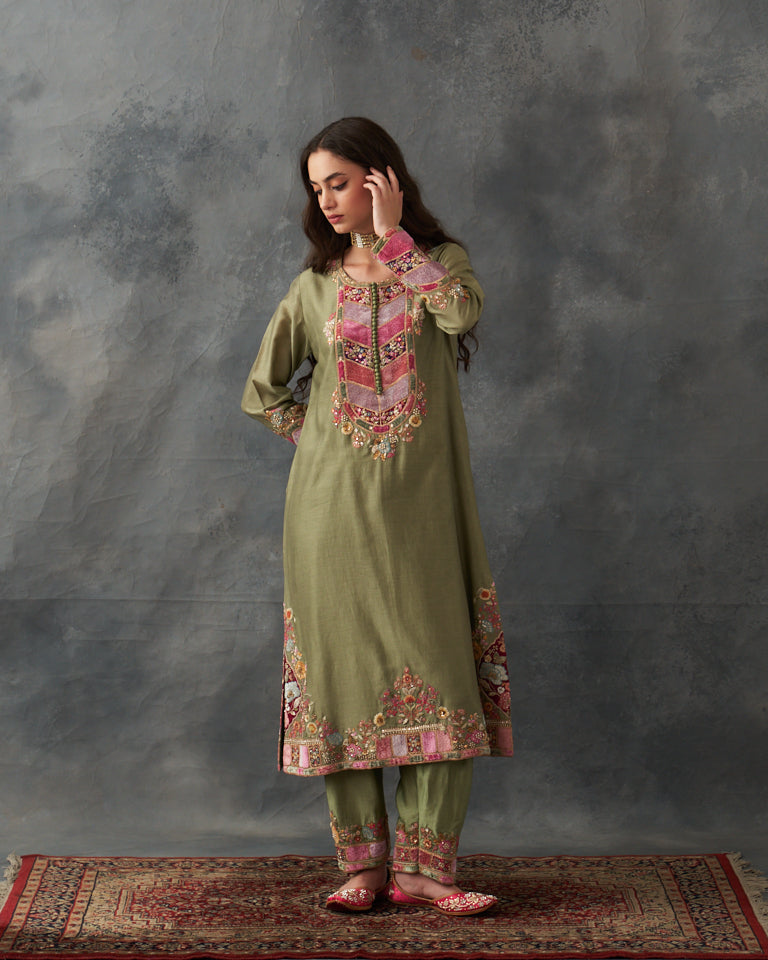 Velvet Patchwork Kurta With Pants & Dupatta