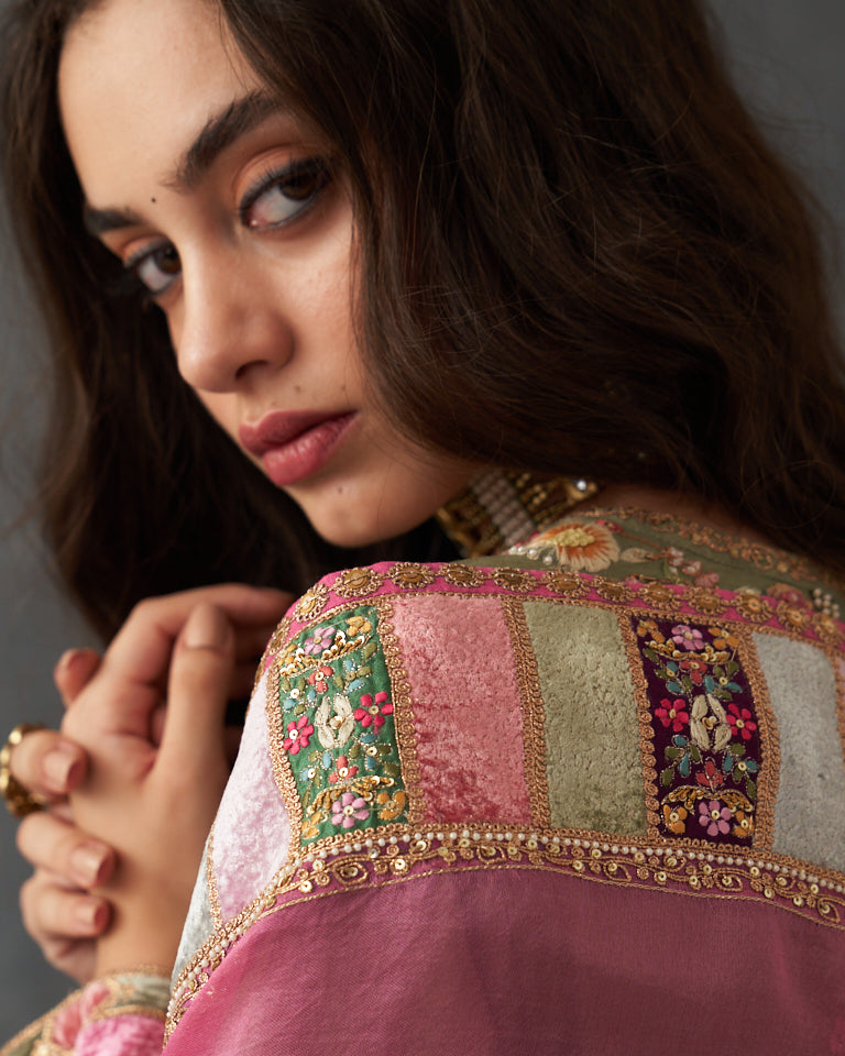 Velvet Patchwork Kurta With Pants & Dupatta