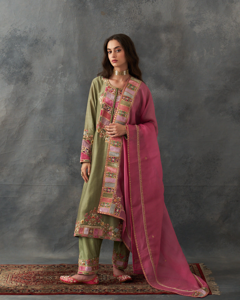 Velvet Patchwork Kurta With Pants & Dupatta