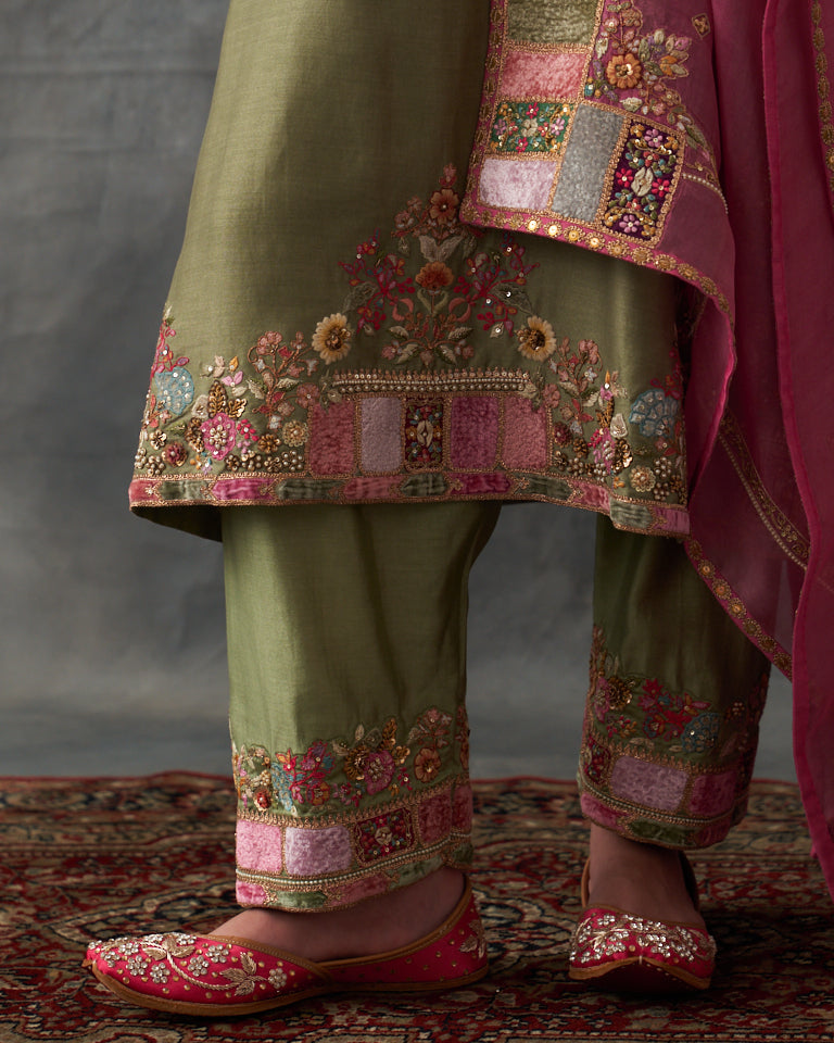 Velvet Patchwork Kurta With Pants & Dupatta