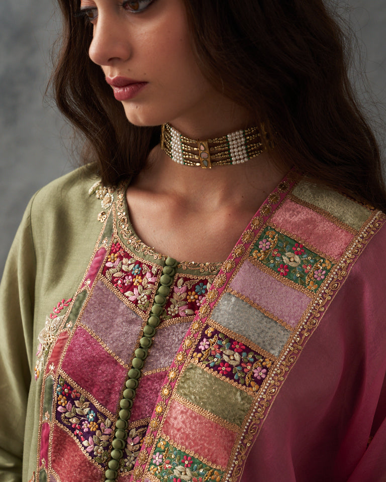 Velvet Patchwork Kurta With Pants & Dupatta