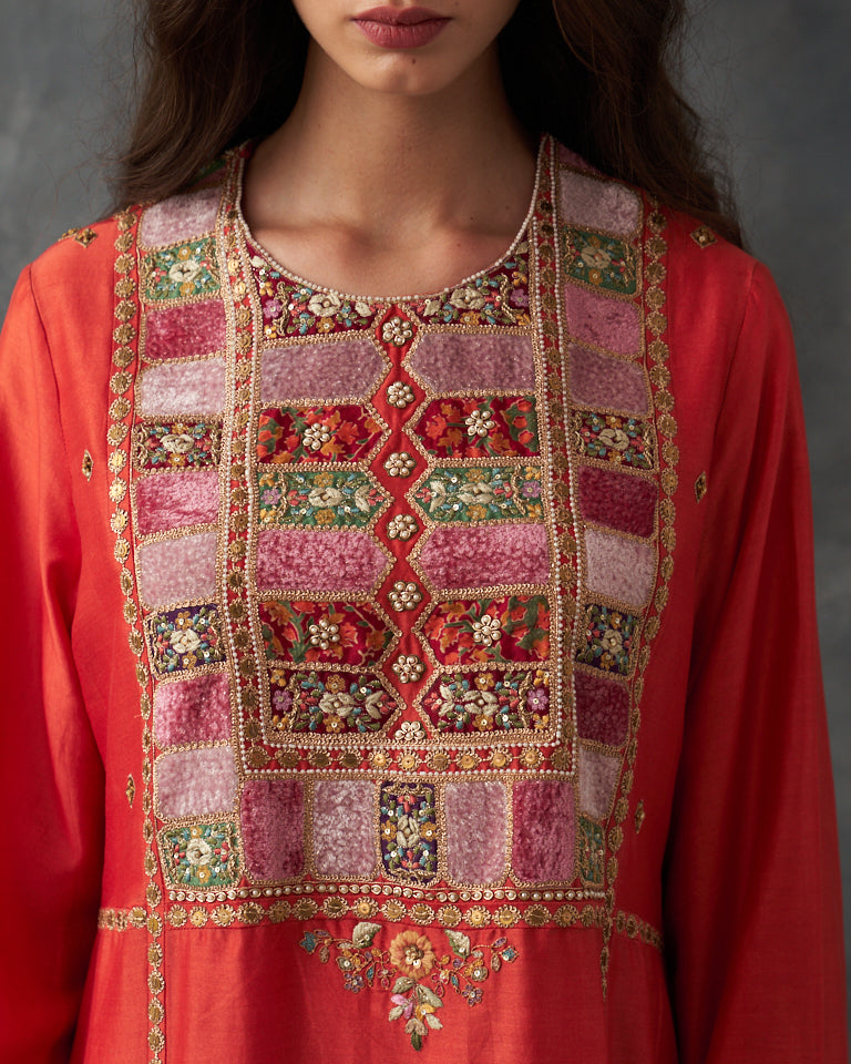 Velvet Patchwork Pakistani Kurta Set With Heavy Bottom & Dupatta