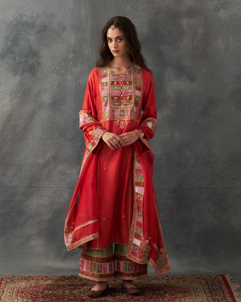 Velvet Patchwork Pakistani Kurta Set With Heavy Bottom & Dupatta