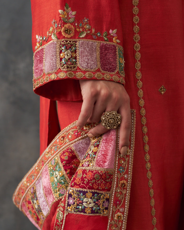 Velvet Patchwork Pakistani Kurta Set With Heavy Bottom & Dupatta