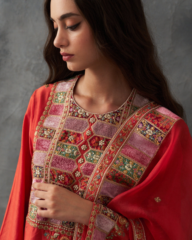 Velvet Patchwork Pakistani Kurta Set With Heavy Bottom & Dupatta