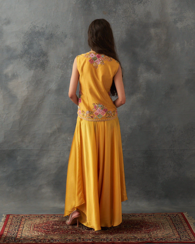 Velvet Patchwork Jacket With Cape & Harem Pants