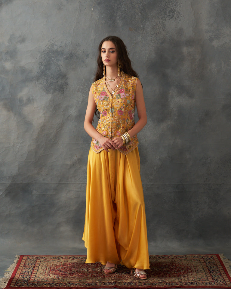 Velvet Patchwork Jacket With Cape & Harem Pants