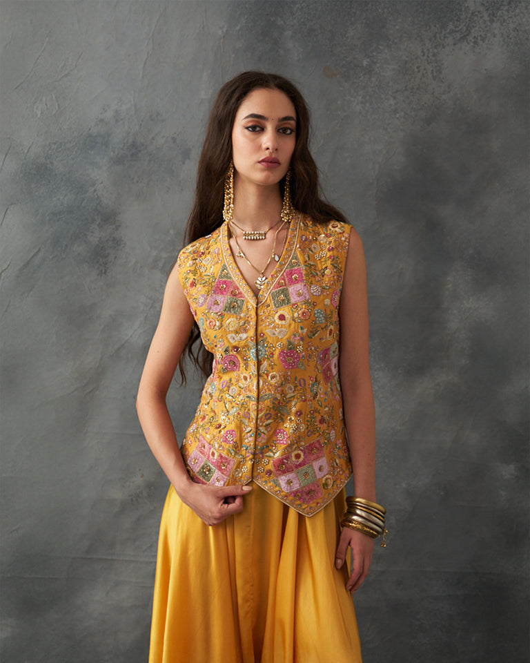 Velvet Patchwork Jacket With Cape & Harem Pants