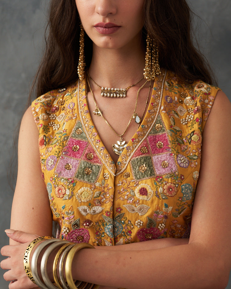 Velvet Patchwork Jacket With Cape & Harem Pants