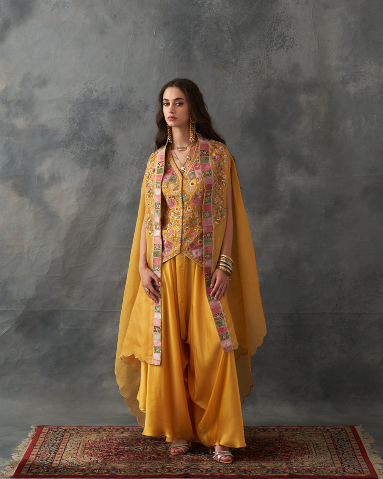 Velvet Patchwork Jacket With Cape & Harem Pants