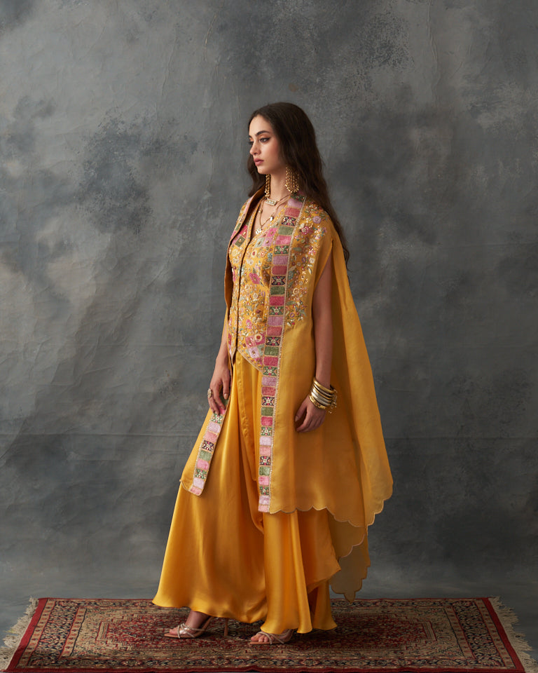 Velvet Patchwork Jacket With Cape & Harem Pants