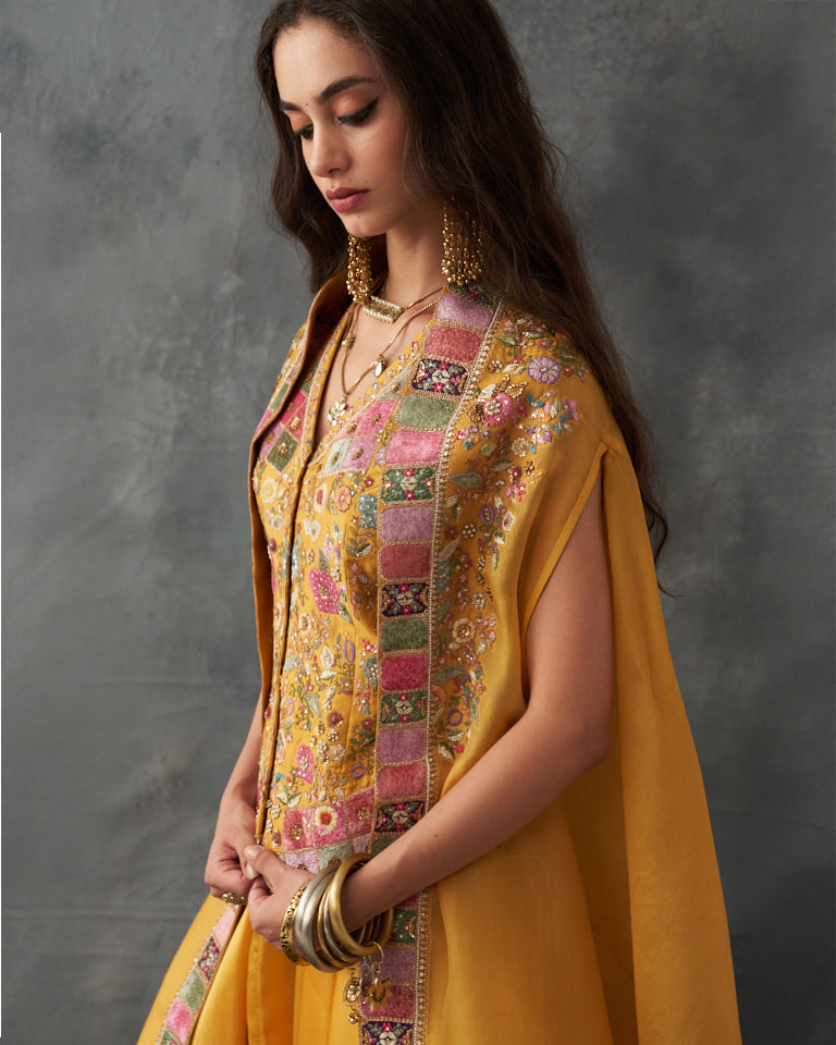 Velvet Patchwork Jacket With Cape & Harem Pants