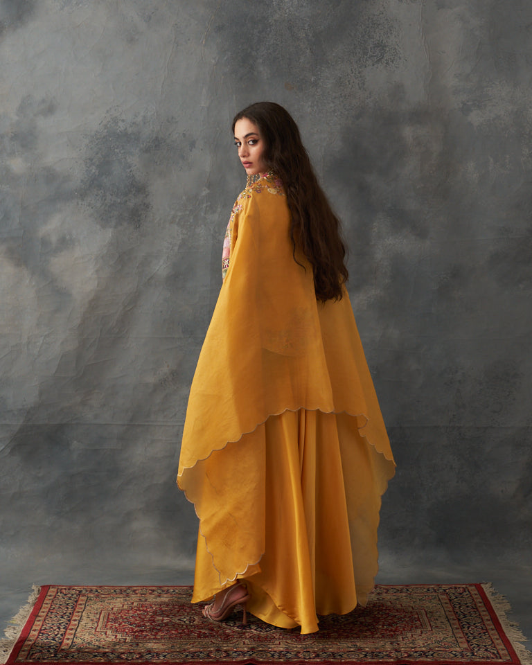 Velvet Patchwork Jacket With Cape & Harem Pants