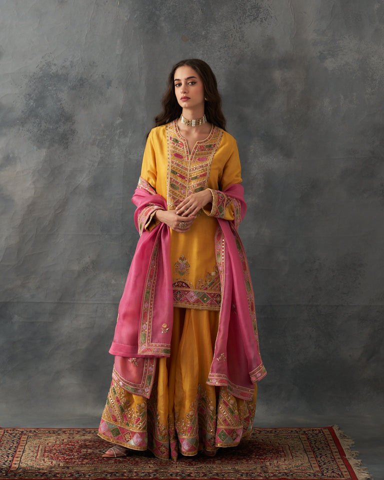 Velvet Patchwork Short Kurta With Sharara Pants & Dupatta