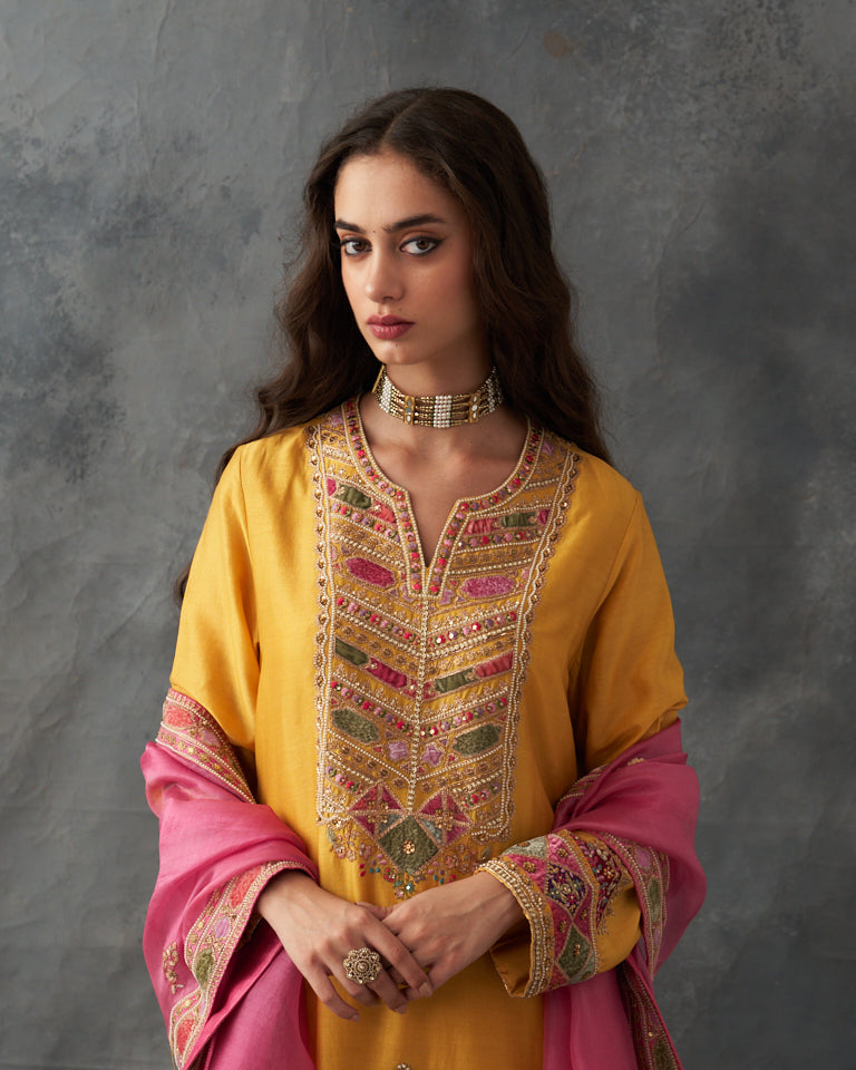 Velvet Patchwork Short Kurta With Sharara Pants & Dupatta
