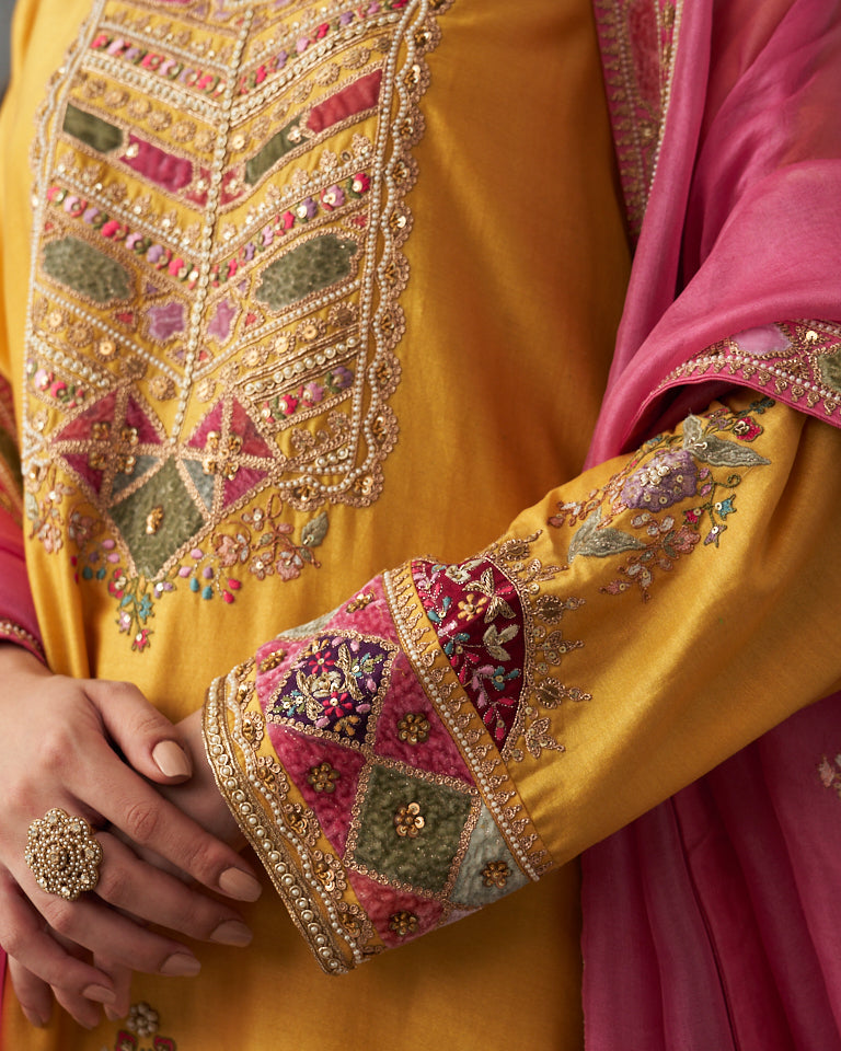 Velvet Patchwork Short Kurta With Sharara Pants & Dupatta