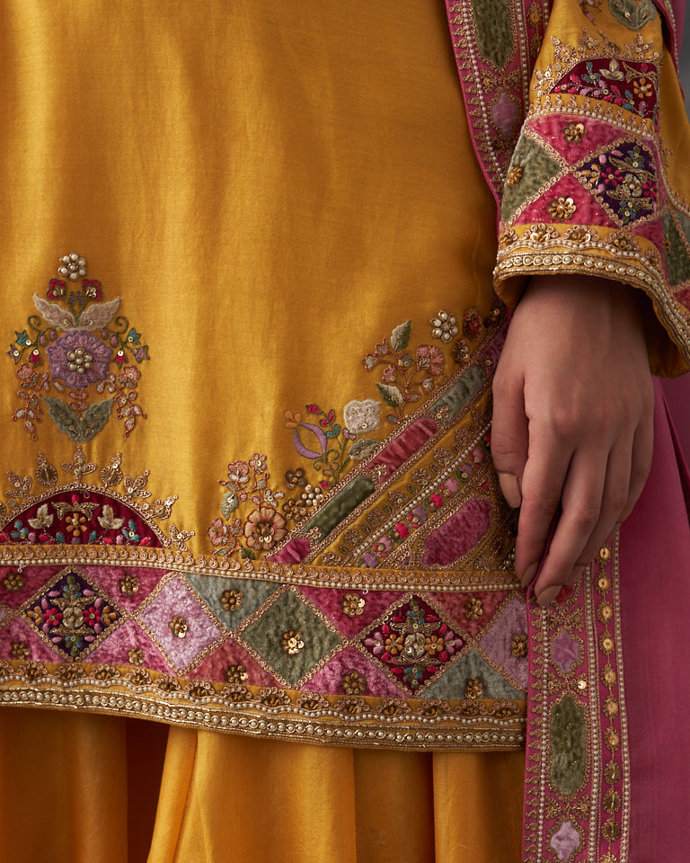 Velvet Patchwork Short Kurta With Sharara Pants & Dupatta