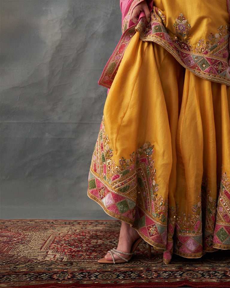 Velvet Patchwork Short Kurta With Sharara Pants & Dupatta