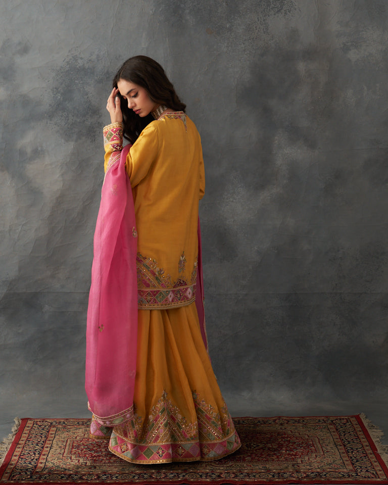 Velvet Patchwork Short Kurta With Sharara Pants & Dupatta