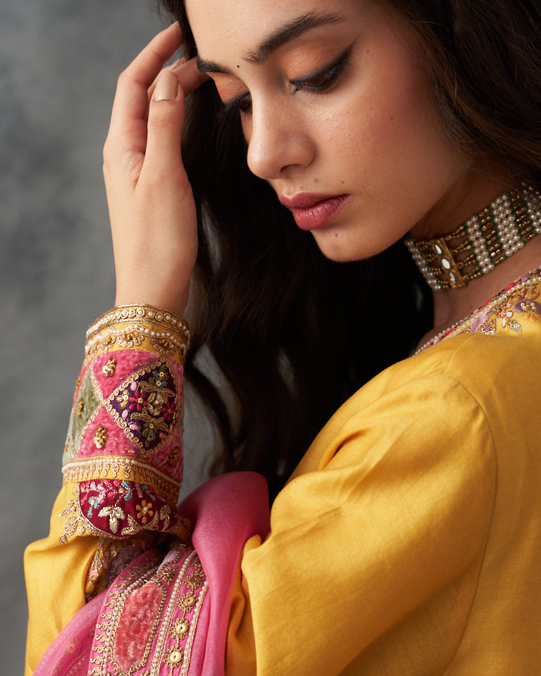 Velvet Patchwork Short Kurta With Sharara Pants & Dupatta