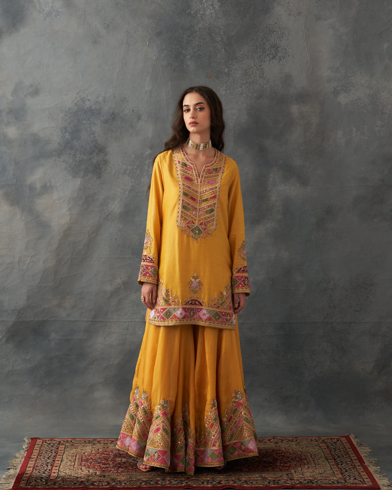 Velvet Patchwork Short Kurta With Sharara Pants & Dupatta