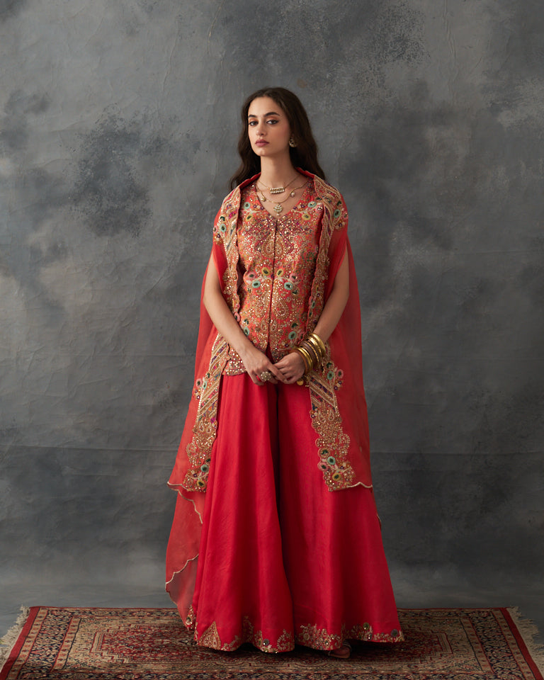 Gulrez Short Jacket With Cape & Embroidered Sharara Set