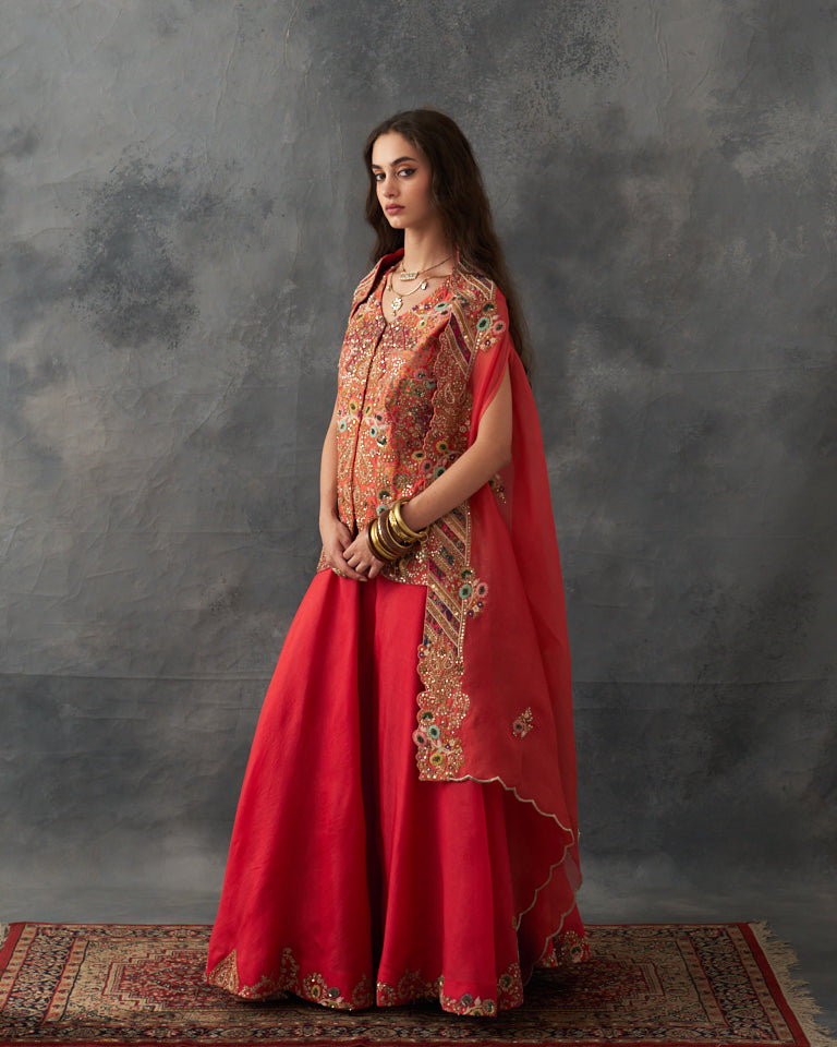 Gulrez Short Jacket With Cape & Embroidered Sharara Set