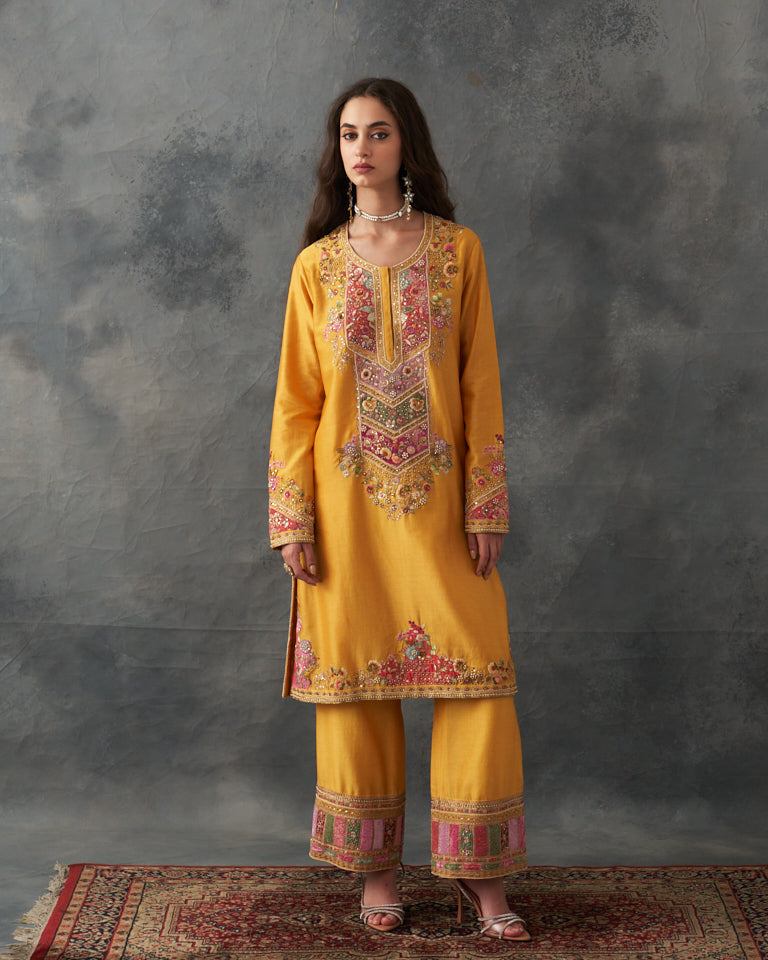 Velvet Patchwork Knee Length Yellow Kurta With Pants & Organza Dupatta