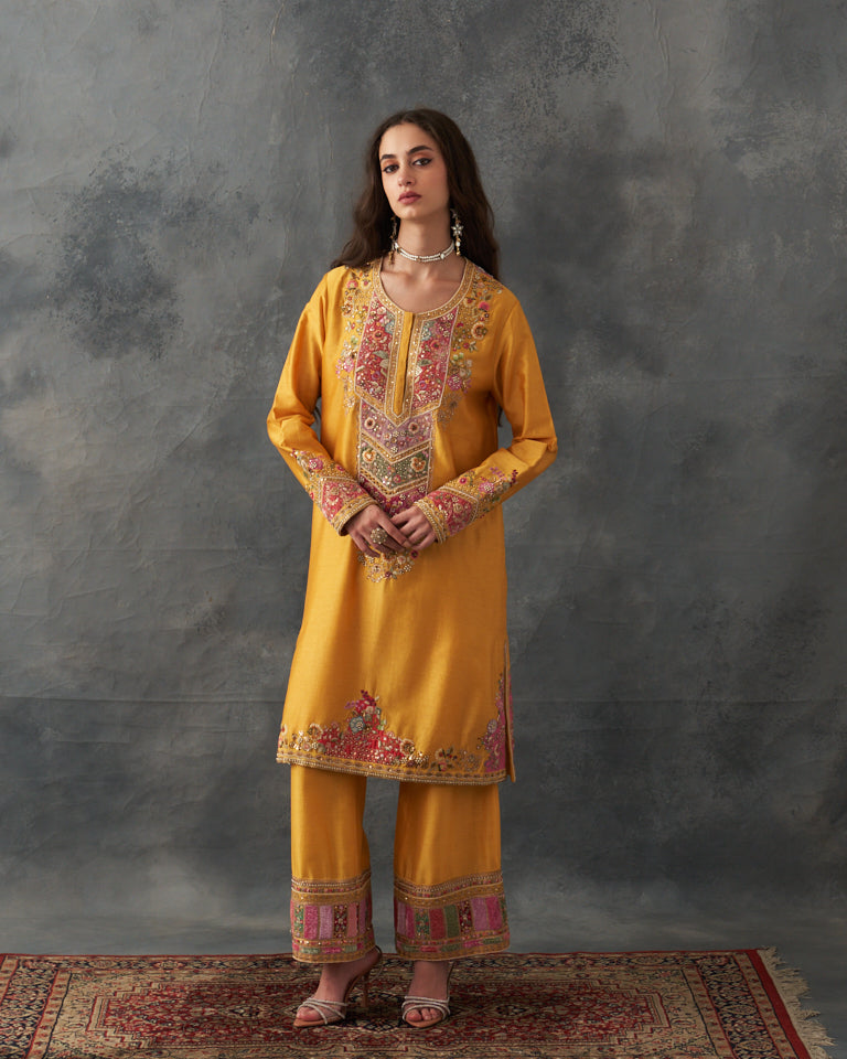 Velvet Patchwork Knee Length Yellow Kurta With Pants & Organza Dupatta