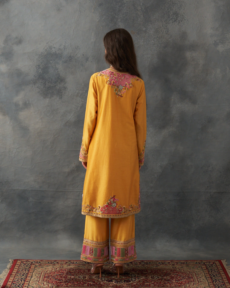 Velvet Patchwork Knee Length Yellow Kurta With Pants & Organza Dupatta