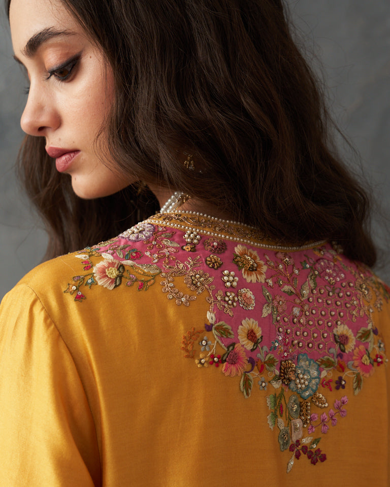 Velvet Patchwork Knee Length Yellow Kurta With Pants & Organza Dupatta