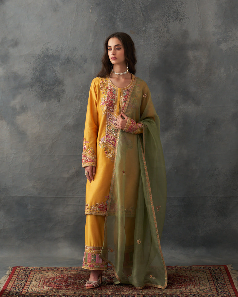 Velvet Patchwork Knee Length Yellow Kurta With Pants & Organza Dupatta