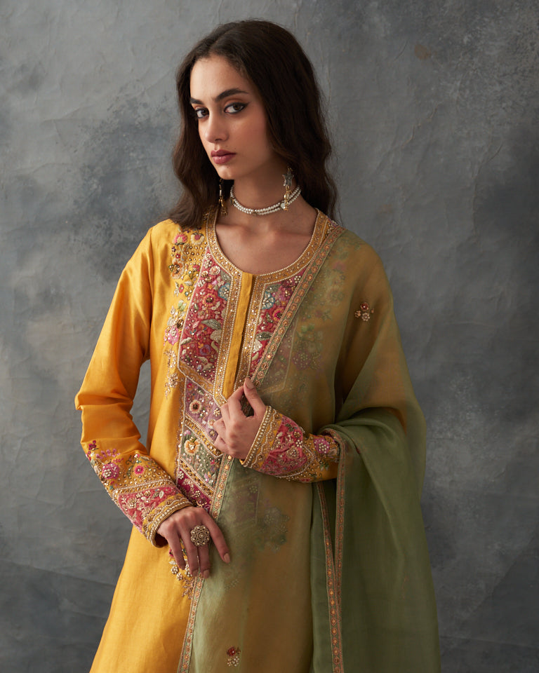 Velvet Patchwork Knee Length Yellow Kurta With Pants & Organza Dupatta