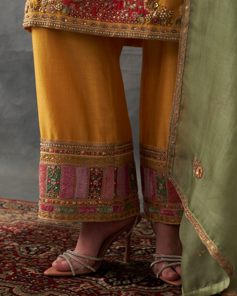 Velvet Patchwork Knee Length Yellow Kurta With Pants & Organza Dupatta