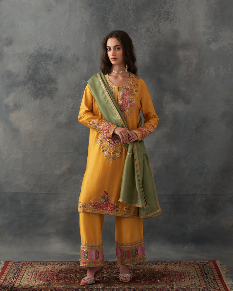 Velvet Patchwork Knee Length Yellow Kurta With Pants & Organza Dupatta