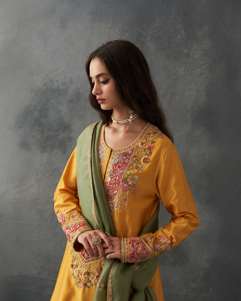 Velvet Patchwork Knee Length Yellow Kurta With Pants & Organza Dupatta