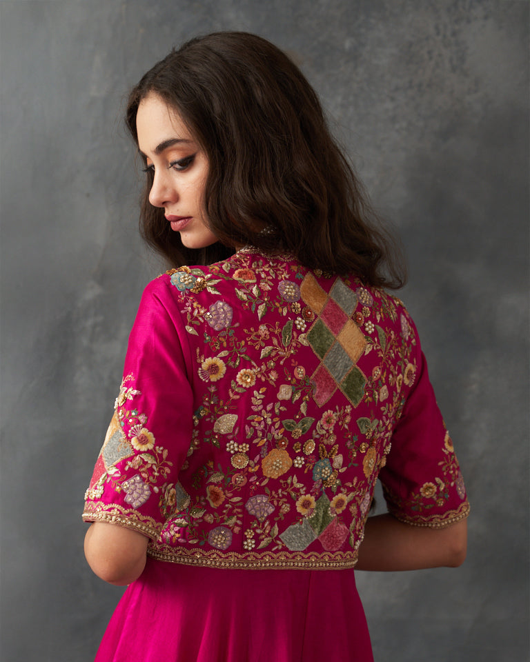 Velvet Patchwork Asymetrical Kurta Kalidar With Bottom