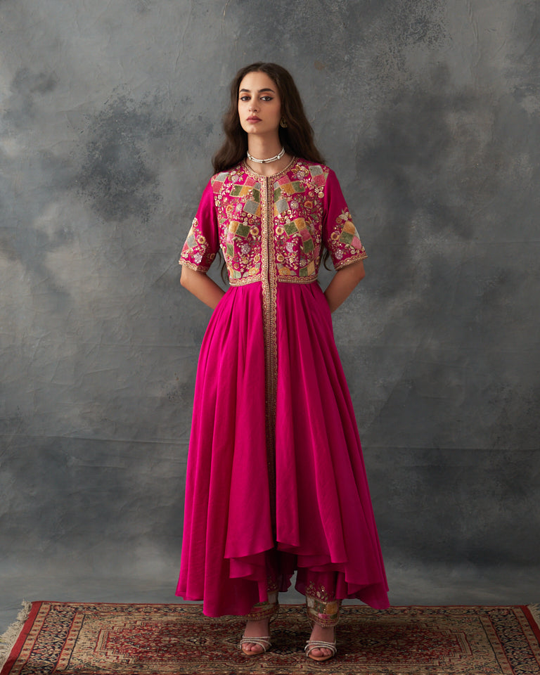 Velvet Patchwork Asymetrical Kurta Kalidar With Bottom