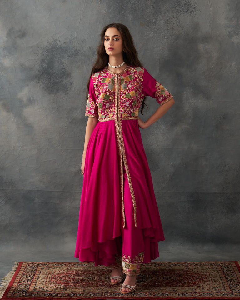 Velvet Patchwork Asymetrical Kurta Kalidar With Bottom