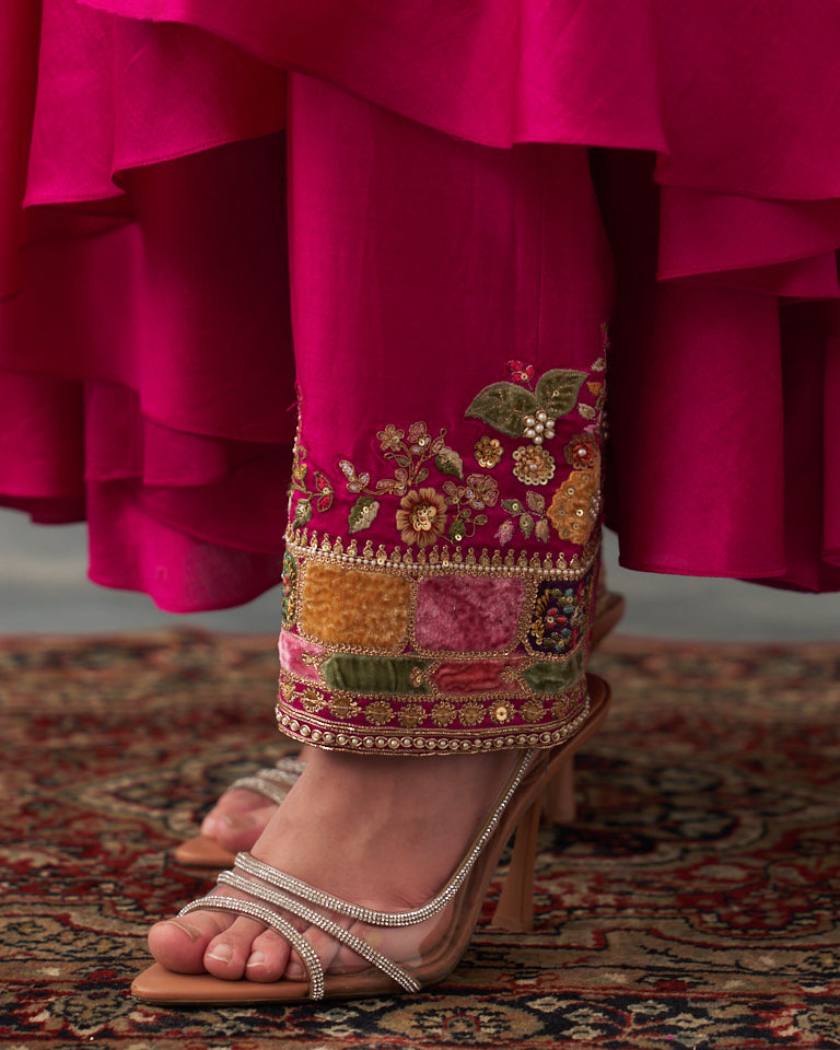 Velvet Patchwork Asymetrical Kurta Kalidar With Bottom