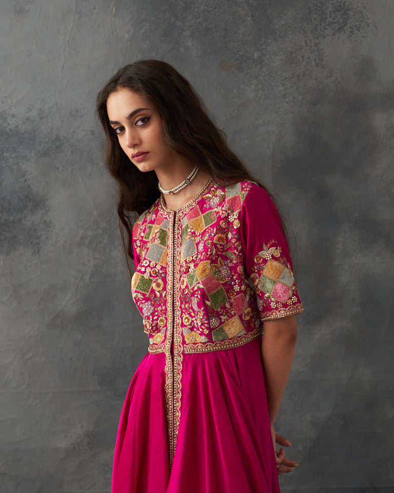 Velvet Patchwork Asymetrical Kurta Kalidar With Bottom