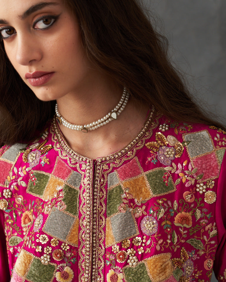 Velvet Patchwork Asymetrical Kurta Kalidar With Bottom