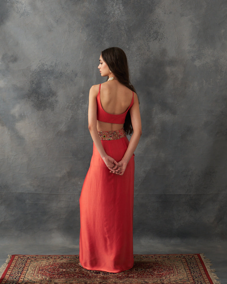 Gulrez Cape With Embroidered Bustier & Draped Skirt