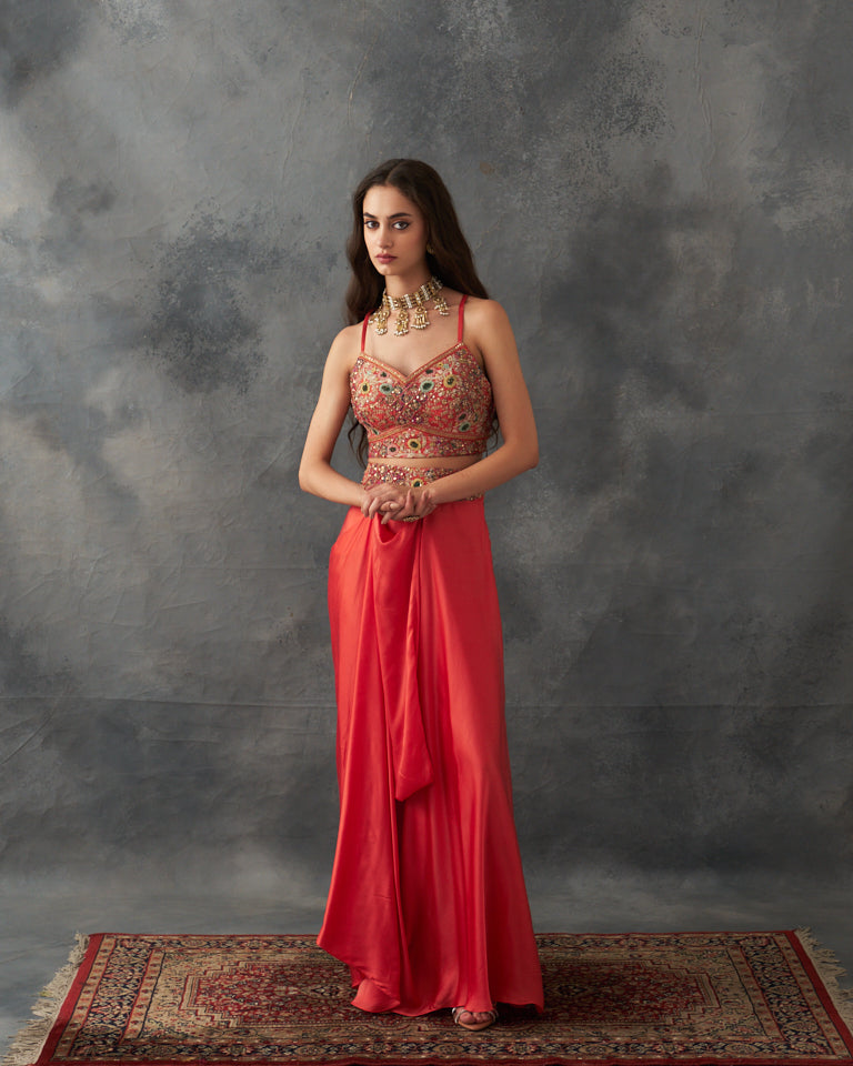 Gulrez Cape With Embroidered Bustier & Draped Skirt