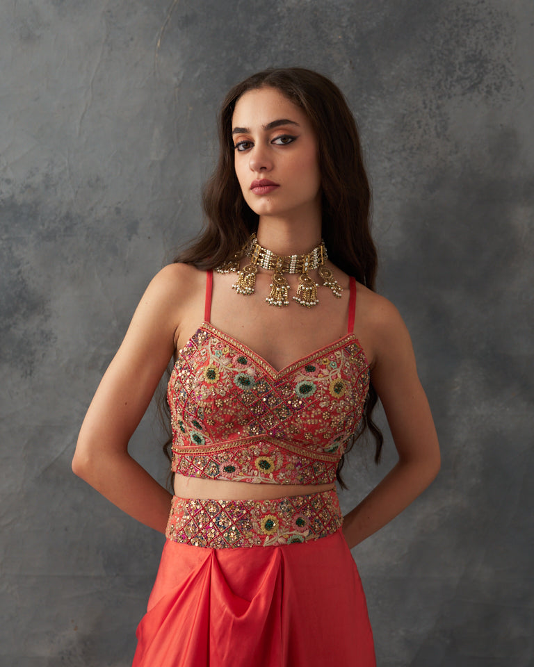 Gulrez Cape With Embroidered Bustier & Draped Skirt