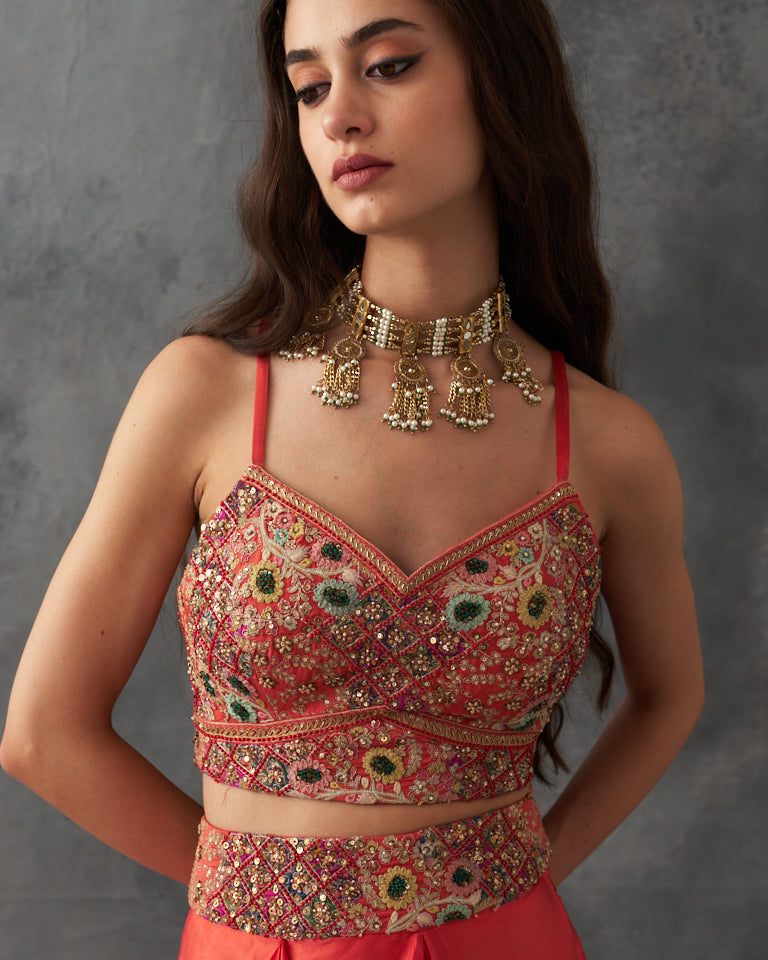 Gulrez Cape With Embroidered Bustier & Draped Skirt