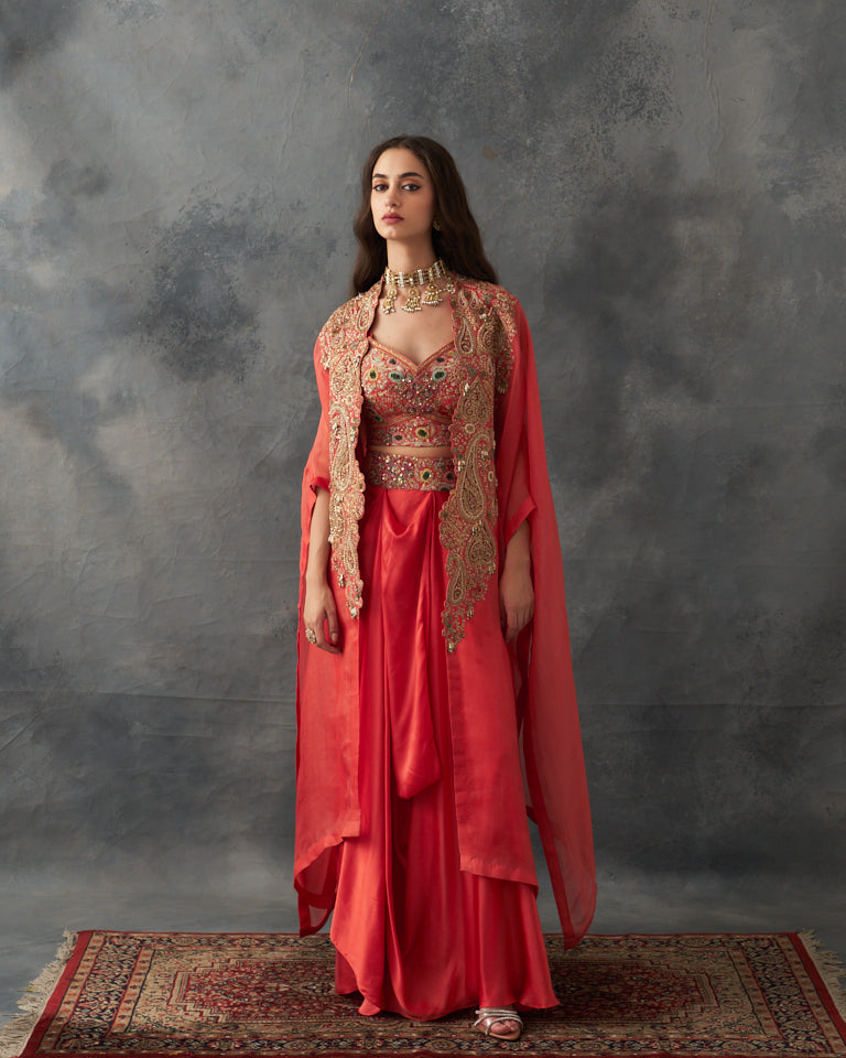 Gulrez Cape With Embroidered Bustier & Draped Skirt