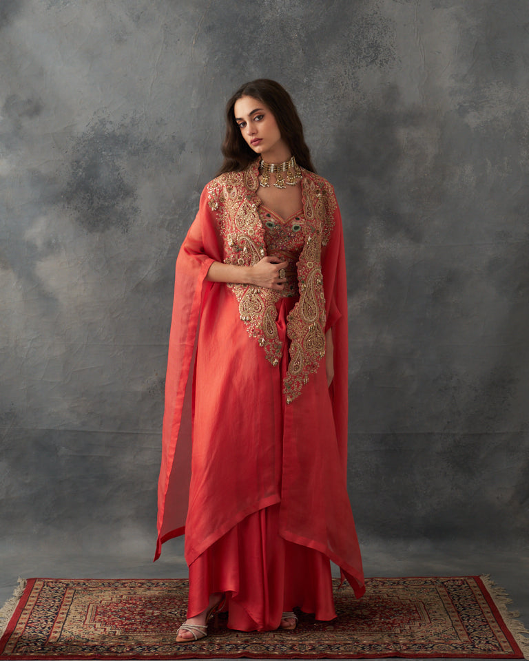Gulrez Cape With Embroidered Bustier & Draped Skirt